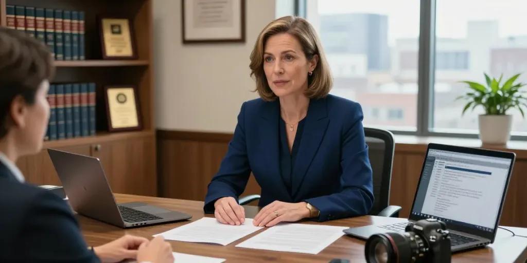Karen McCleave attorney consulting with a client in her professional office.