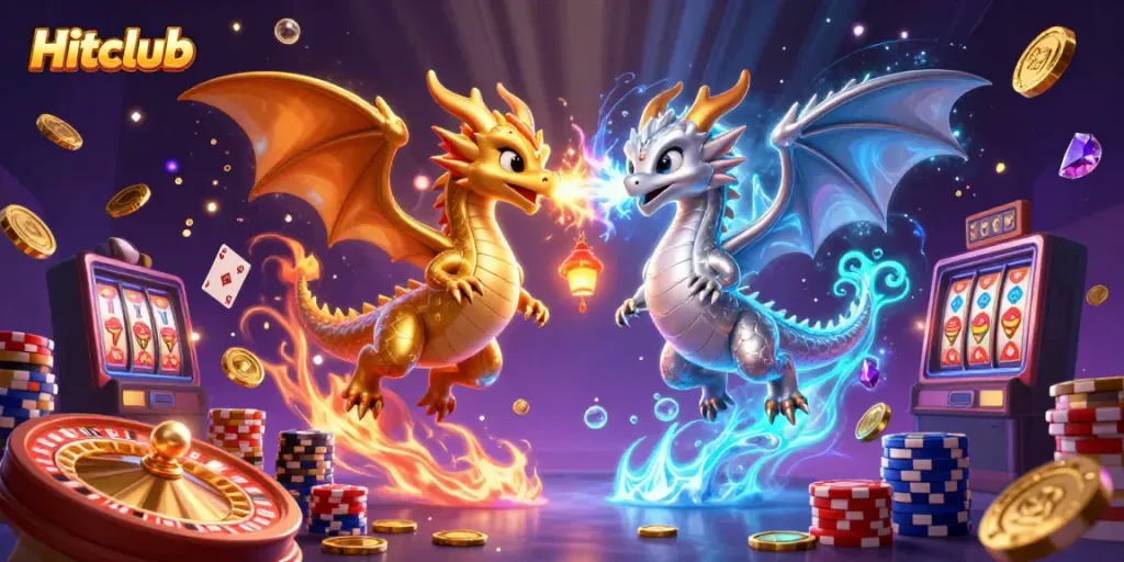 Hitclub gaming scene featuring dragons, coins, and dynamic casino elements for an engaging experience.