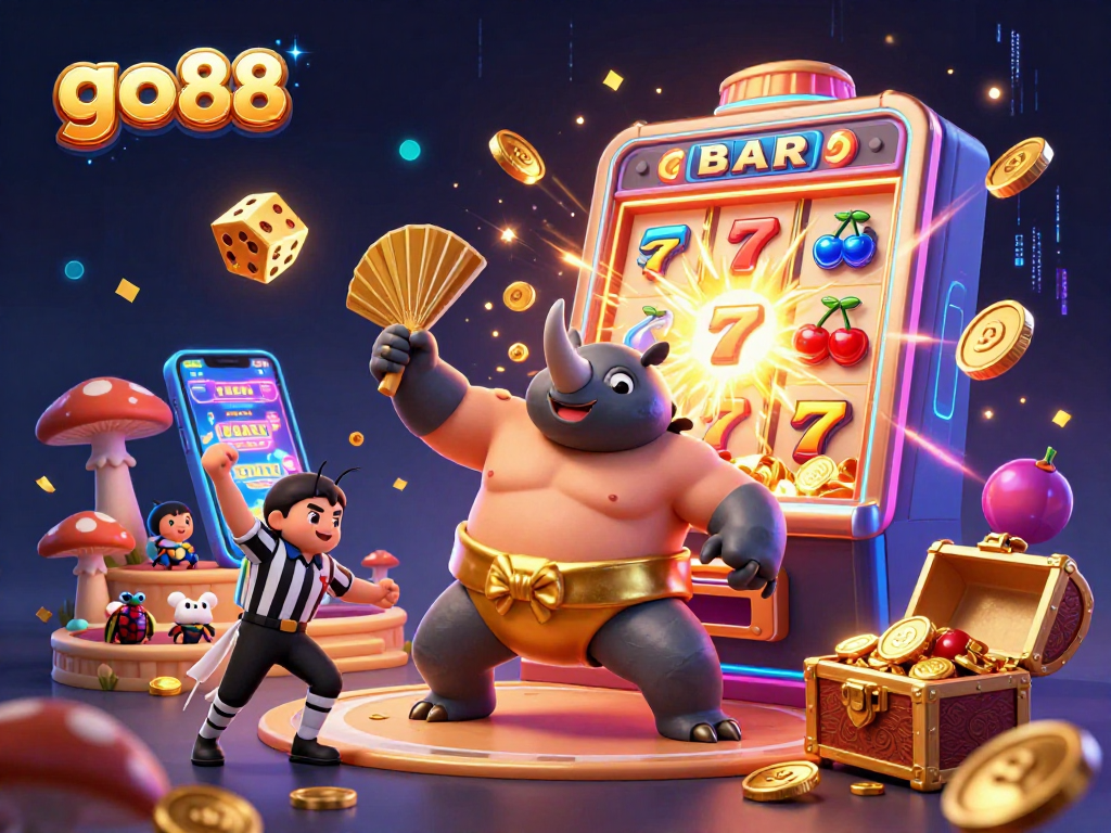 Experience the excitement of go 88 with vibrant 3D casino illustrations featuring sumo beetles and jackpot thrills.