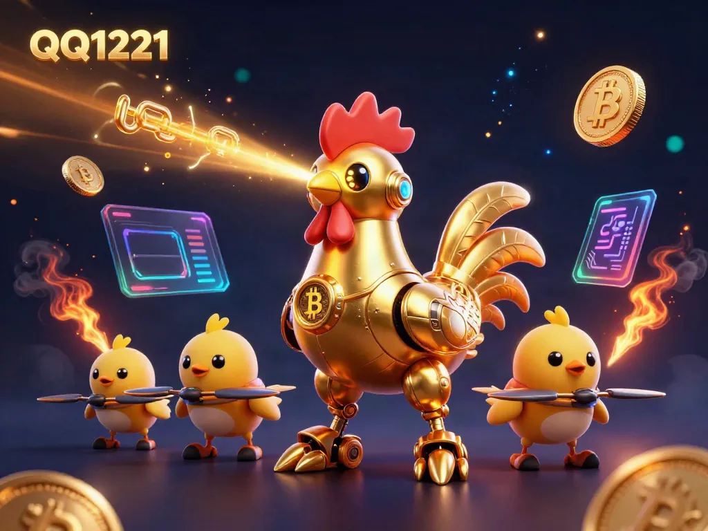 Engage with QQ1221 in an exciting 3D casino scene featuring robotic characters and crypto elements.