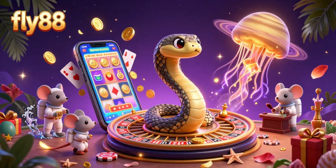 Engage in exciting betting with fly88 as cartoon mice place bets on a cosmic roulette wheel in a vibrant casino scene.
