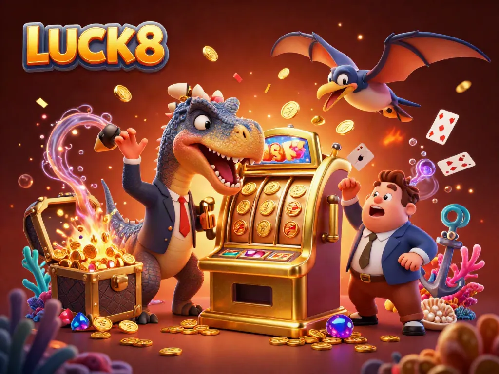 LUCK8 unleashes excitement as a cartoon dinosaur activates a golden slot machine amidst glowing casino elements.