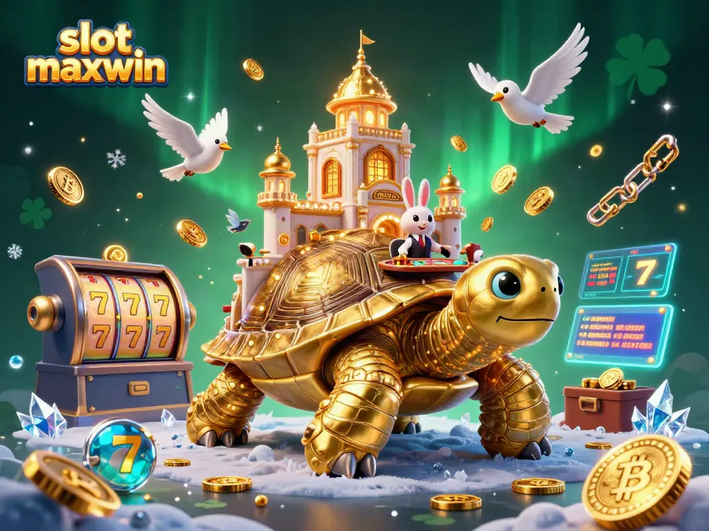 Engage with slot maxwin through an enchanting casino scene featuring a golden tortoise and a rabbit dealer.