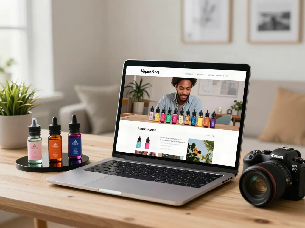 Vibrant display of vape juice online options with colorful bottles and a shopper in a cozy workspace.