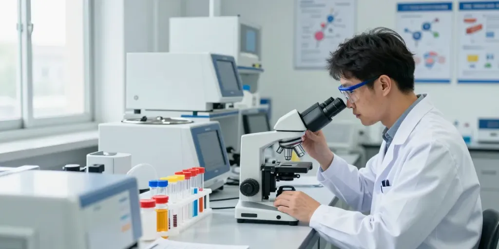 Research peptides under analysis in a modern lab setting with a scientist at work.