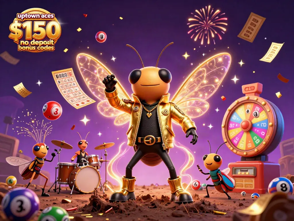 Play with uptown aces $150 no deposit bonus codes amidst festive casino elements and vibrant characters.