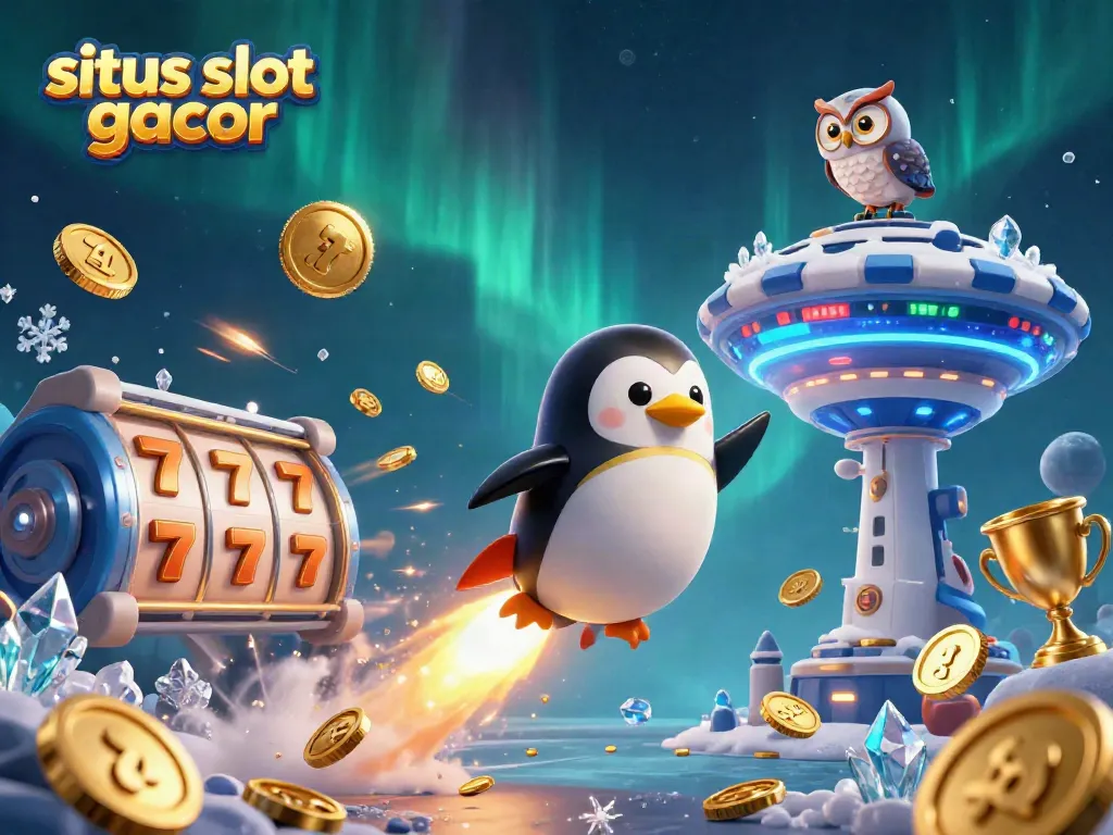 Menang dengan situs slot gacor, ilustrasi 3D kartun penguin emas terbang menuju stasiun kasino