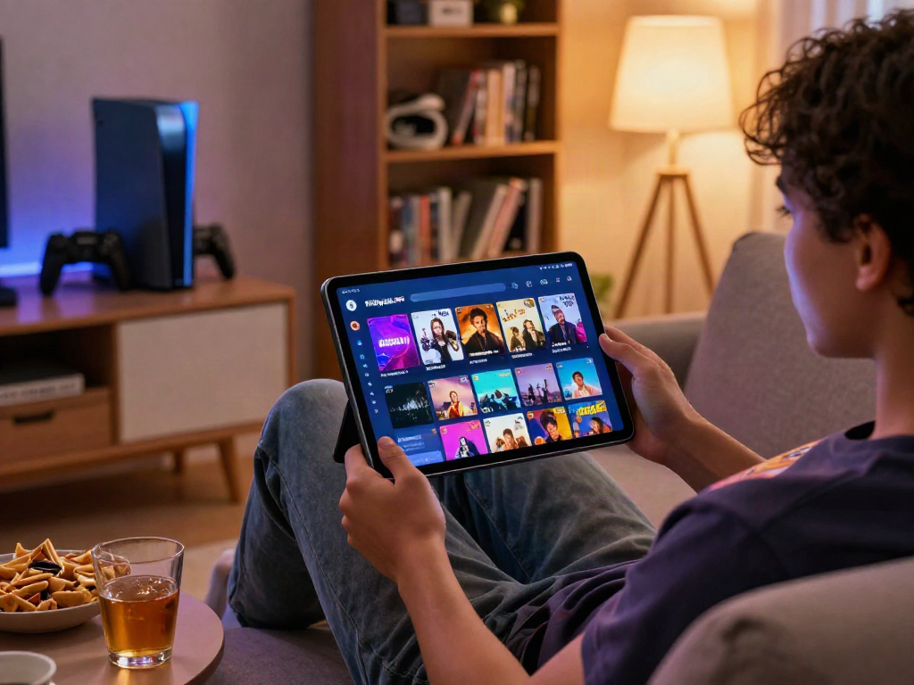 User enjoying the filmyzilla APK on a tablet in a cozy lounge setting