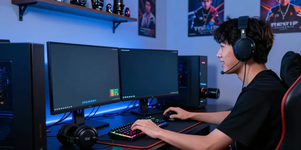 Gamer asyik bermain togel online di lingkungan yang mendukung, fokus pada layar komputer.