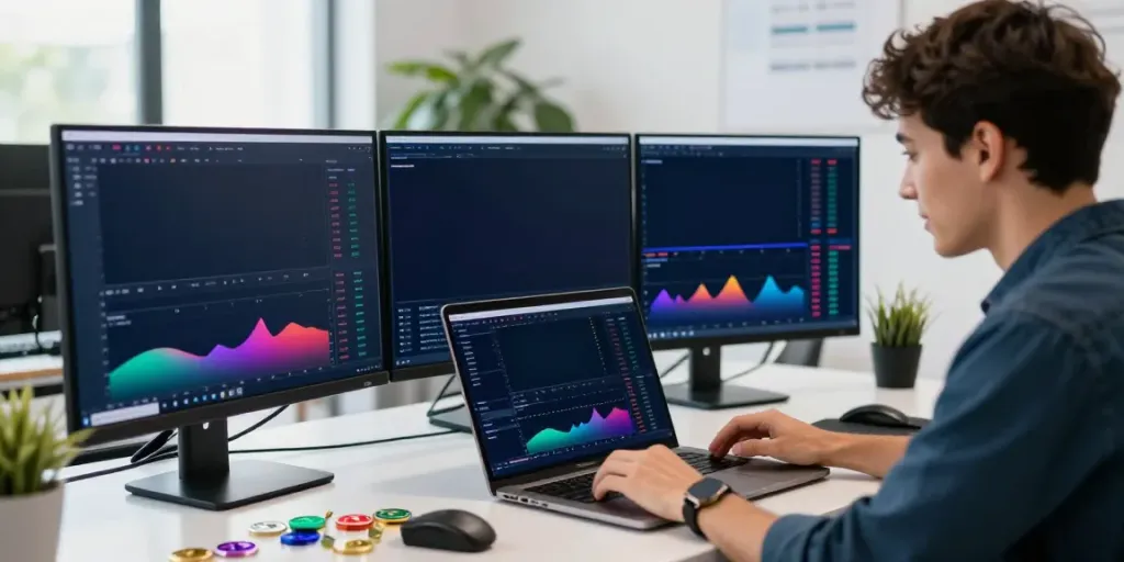 Learn about trading on https://piteas.trade with an energetic cryptocurrency trader analyzing market data in a modern workspace.
