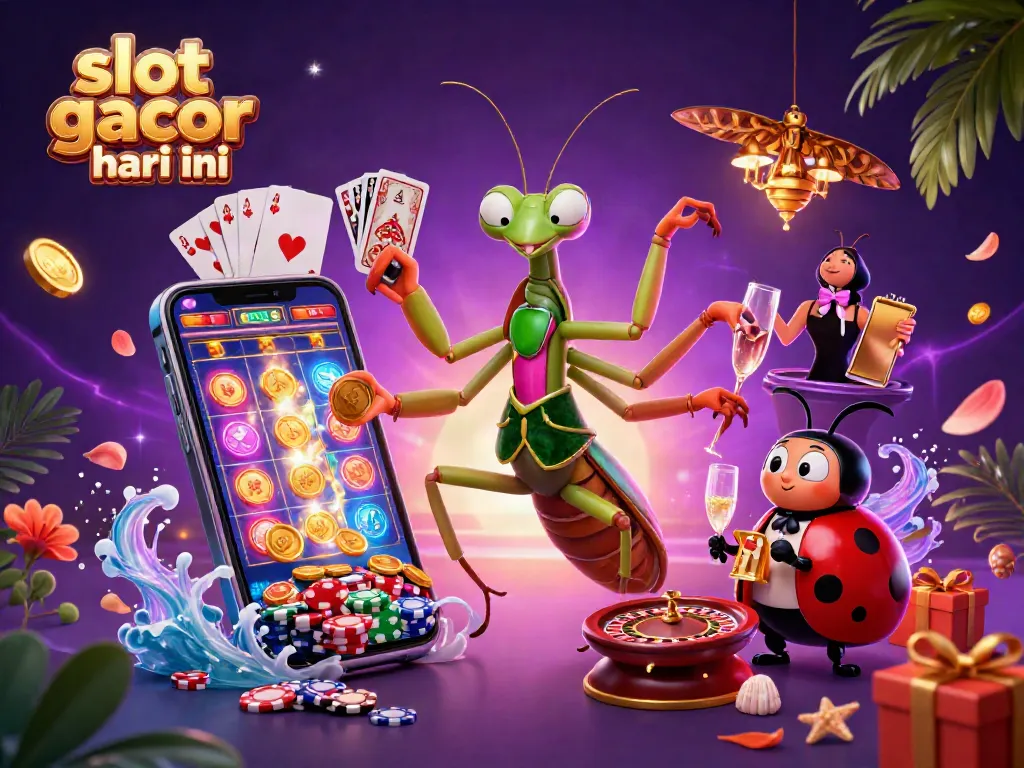 Engage with the colorful slot game action in a vibrant scene featuring slot gacor hari ini, cards, chips, and dynamic visuals.