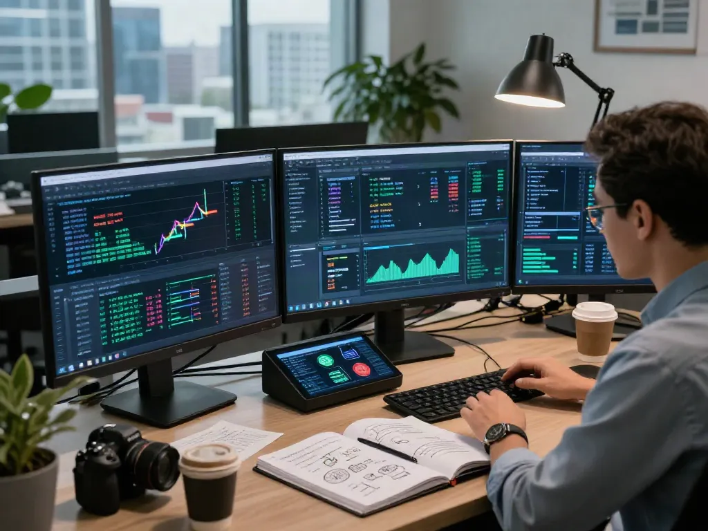 Digital asset tracing analysis with investigator examining crypto wallets and blockchain data in a modern office.