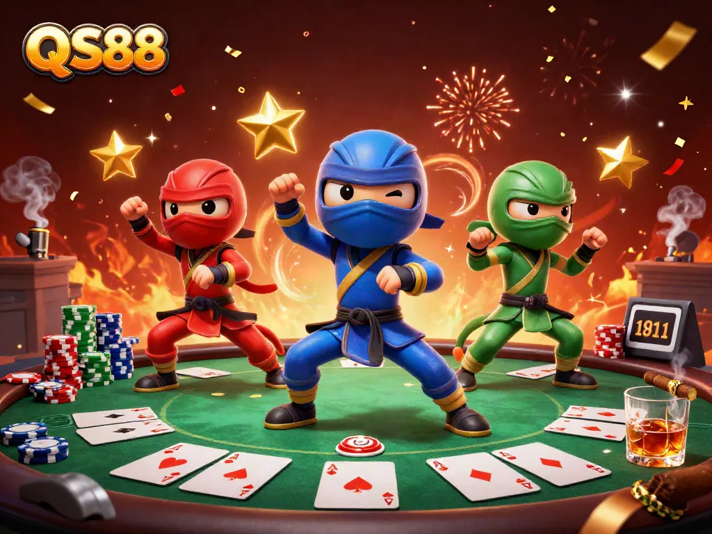 Experience the thrill of QS88 with a vibrant 3D chameleon ninja team in a dynamic casino scene.