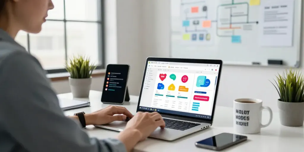 Marketer using an RSS content generator for marketers in a modern office setting.