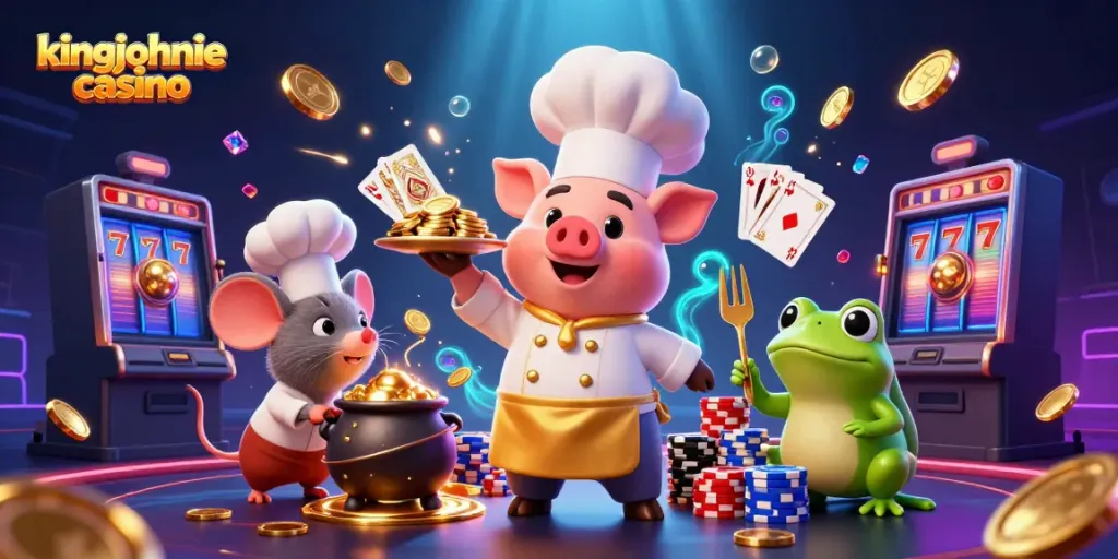 Experience the excitement of kingjohnnie casino with a vibrant 3D illustration featuring animated chefs and casino elements.