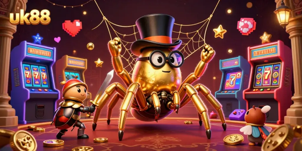 uk88 offers a vibrant casino experience with a golden tarantula, beetle knight, and colorful games.