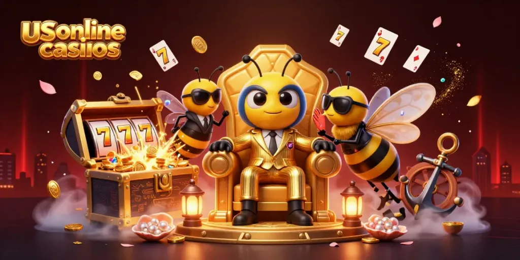 Experience us online casinos with slot machines and charismatic characters in this vibrant 3D scene.