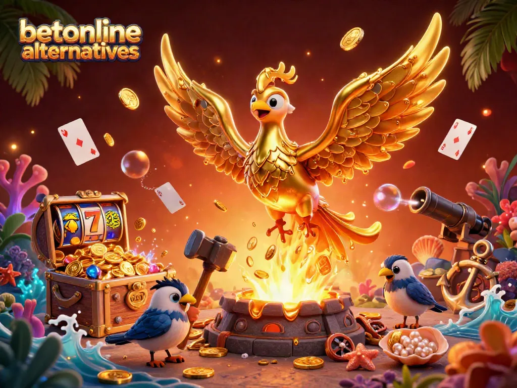 Engage with betonline alternatives at captivating casino scenes filled with gold, slots, and vibrant characters.