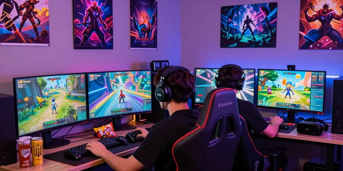 Gamer immersed in porngames at a colorful virtual gaming setup with multiple screens.