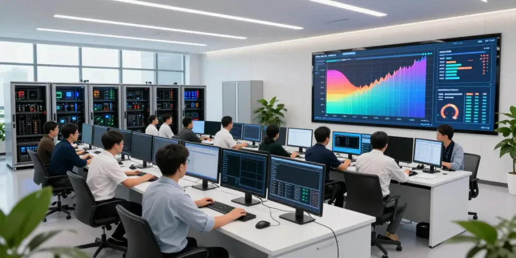 What are AI tokens visualized in a modern AI factory with GPU servers processing data and a diverse team collaborating.