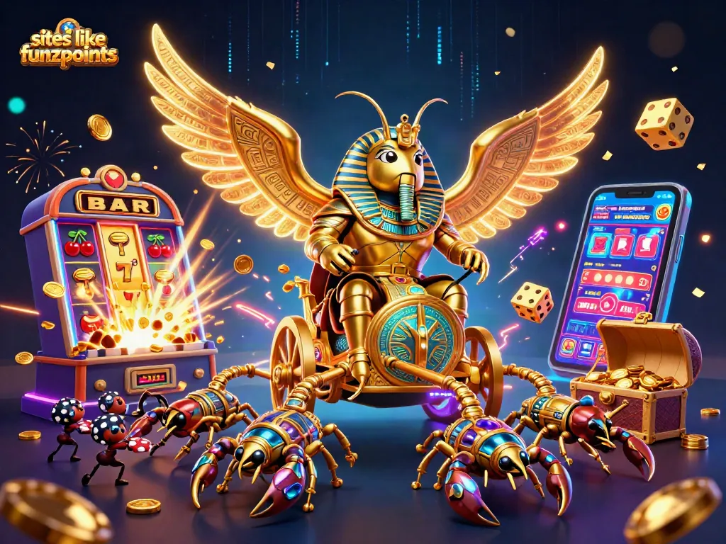 Spin and win with sites like funzpoints in a vibrant 3D casino scene featuring gold-drenched excitement.