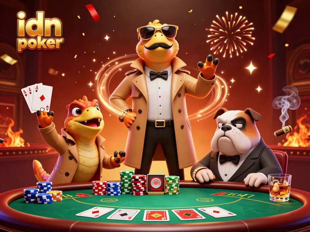 Experience excitement with idn poker as cartoon raptors enter a glamorous casino scene.