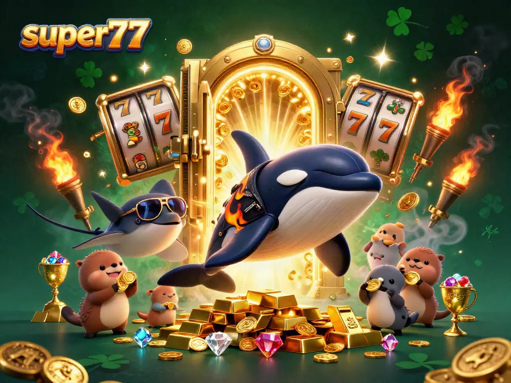 Experience the thrill of winning with Super77 as the orca whale jumps through slots, surrounded by treasure.