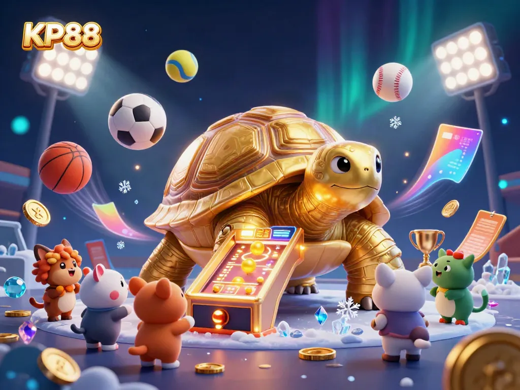 KP88: Celebrate with a thrilling pinball party featuring a golden tortoise surrounded by sports elements.