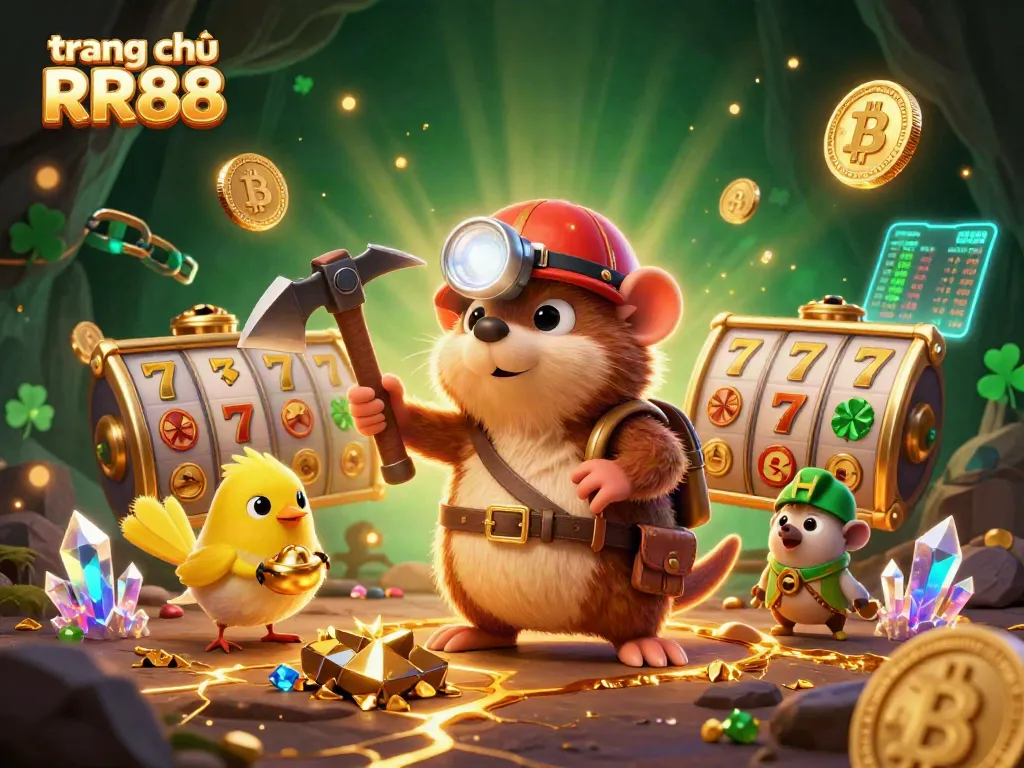 Experience the excitement of trang chủ RR88 with a treasure hunter and glowing game elements in a vibrant casino scene.
