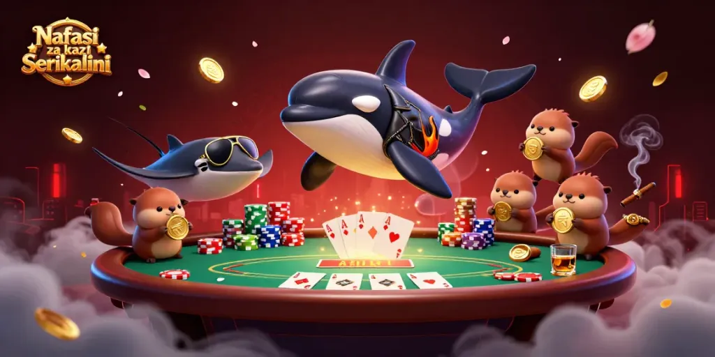 Nafasi za kazi Serikalini showcases a vibrant 3D scene featuring a cartoon orca, stingray, and golden-holding sea otters in a casino setting.
