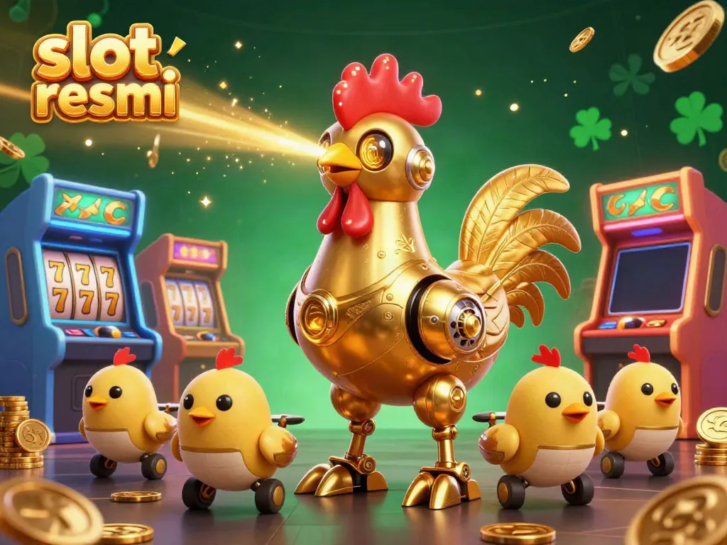 Engage in thrilling slot resmi adventures with a golden rooster robot and arcade machines.
