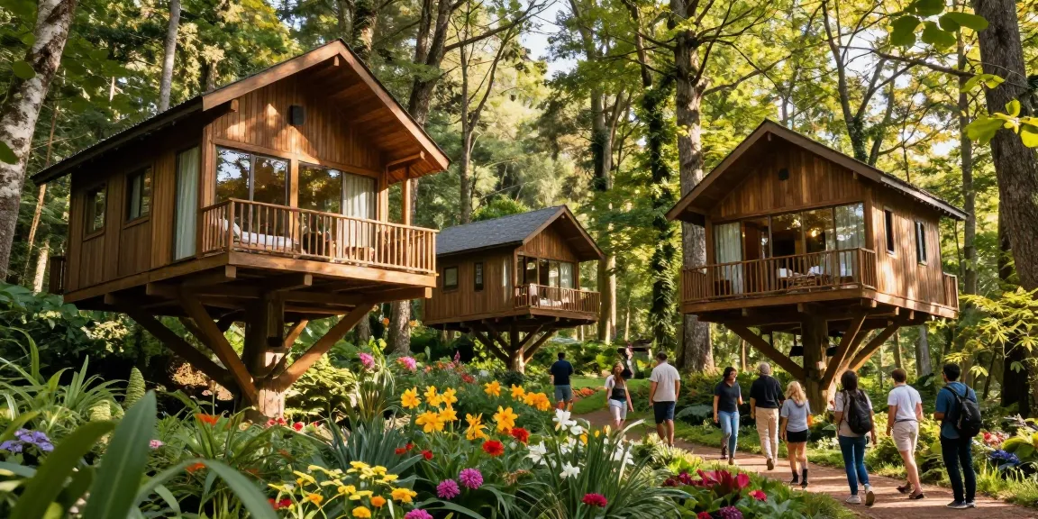 Luxury treehouses in a serene forest setting, showcasing nature's beauty and inviting relaxation.