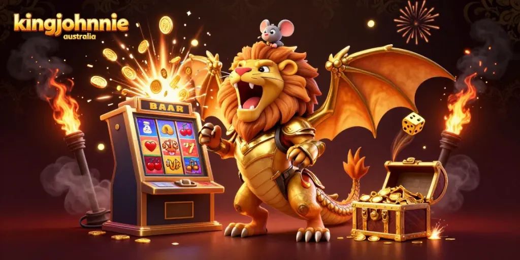 Experience the thrill of kingjohnnie australia with a vibrant 3D casino illustration showcasing jackpots and casino games.