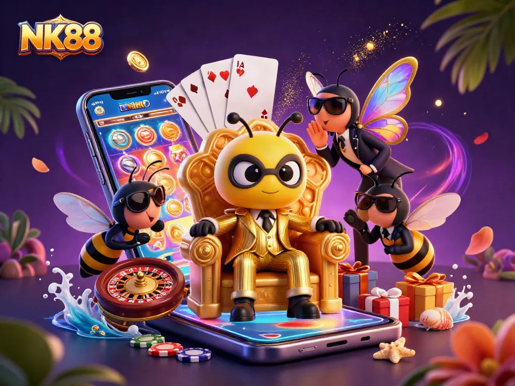 Experience immersive gaming with NK88, showcasing a 3D mob boss and casino elements for interactive fun.