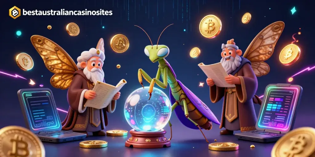 Engage with the vibrant world of bestaustraliancasinosites through a mystical 3D scene blending fortune, knowledge, and crypto elements.