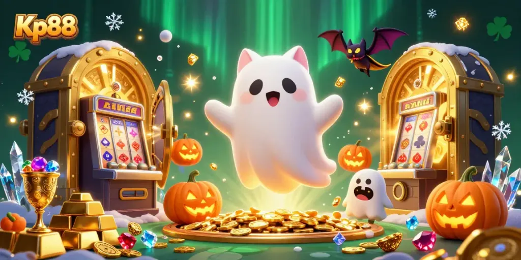 Kp88 showcases an enchanting ghost cat and bat in a vibrant casino scene full of jackpots and treasure.