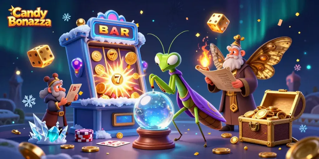 Experience Candy Bonanza excitement with slot machines, chips, and vibrant casino elements.