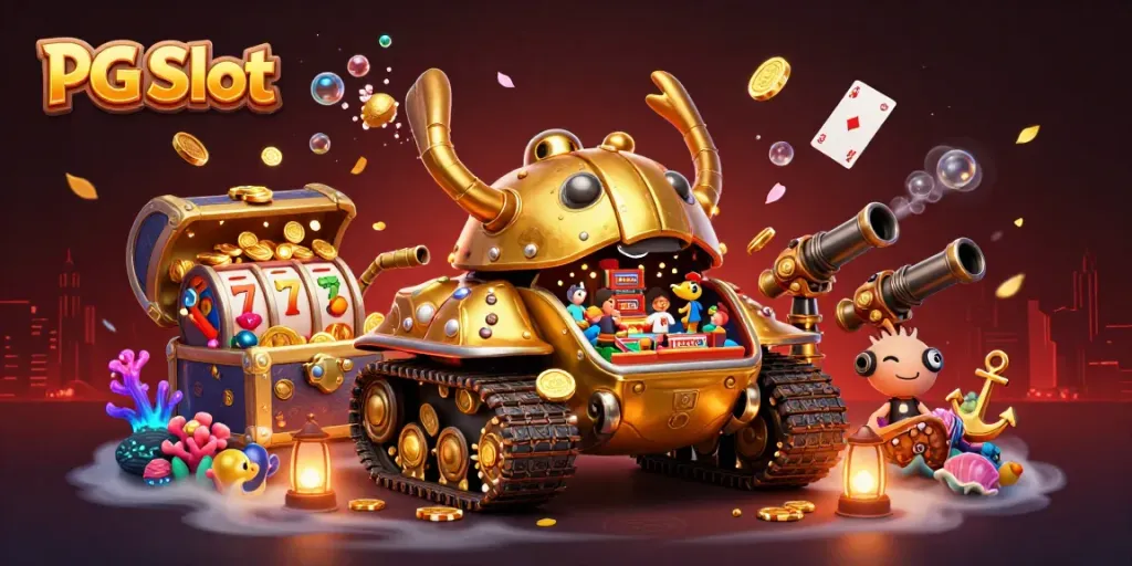 Gali peluang memenangkan PG Slot dengan ilustrasi kasino mini dalam tangki kumbang emas 3D.