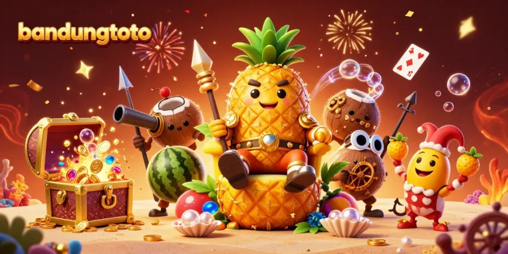 Engage in thrilling games at bandungtoto with the golden pineapple king on a vibrant beach casino scene.