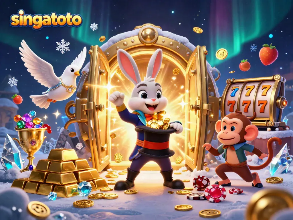 Experience the magic of singatoto as a magician rabbit unveils golden coins and slot symbols.