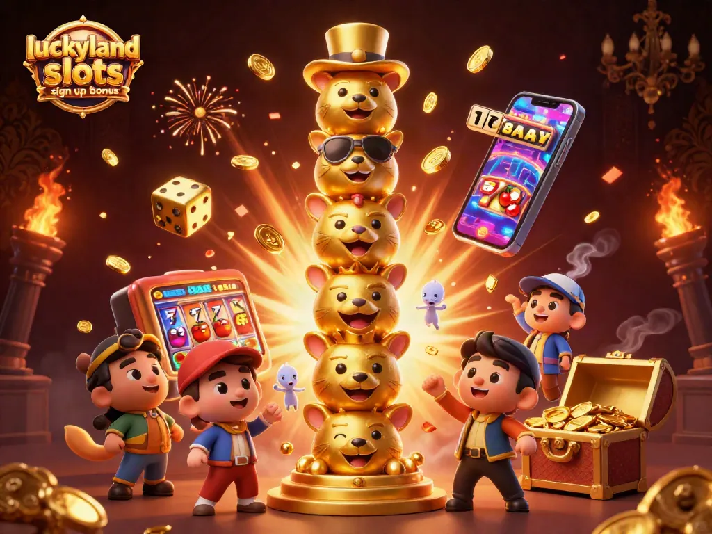 Engage with the luckyland slots sign up bonus illustrated by a vibrant casino scene and animated characters.