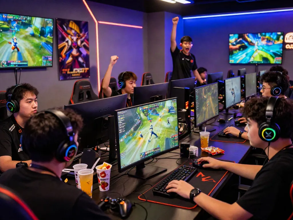 Engaging online gaming scene with players competing in qqmacan, showcasing vibrant graphics, colorful arena, and gaming accessories.