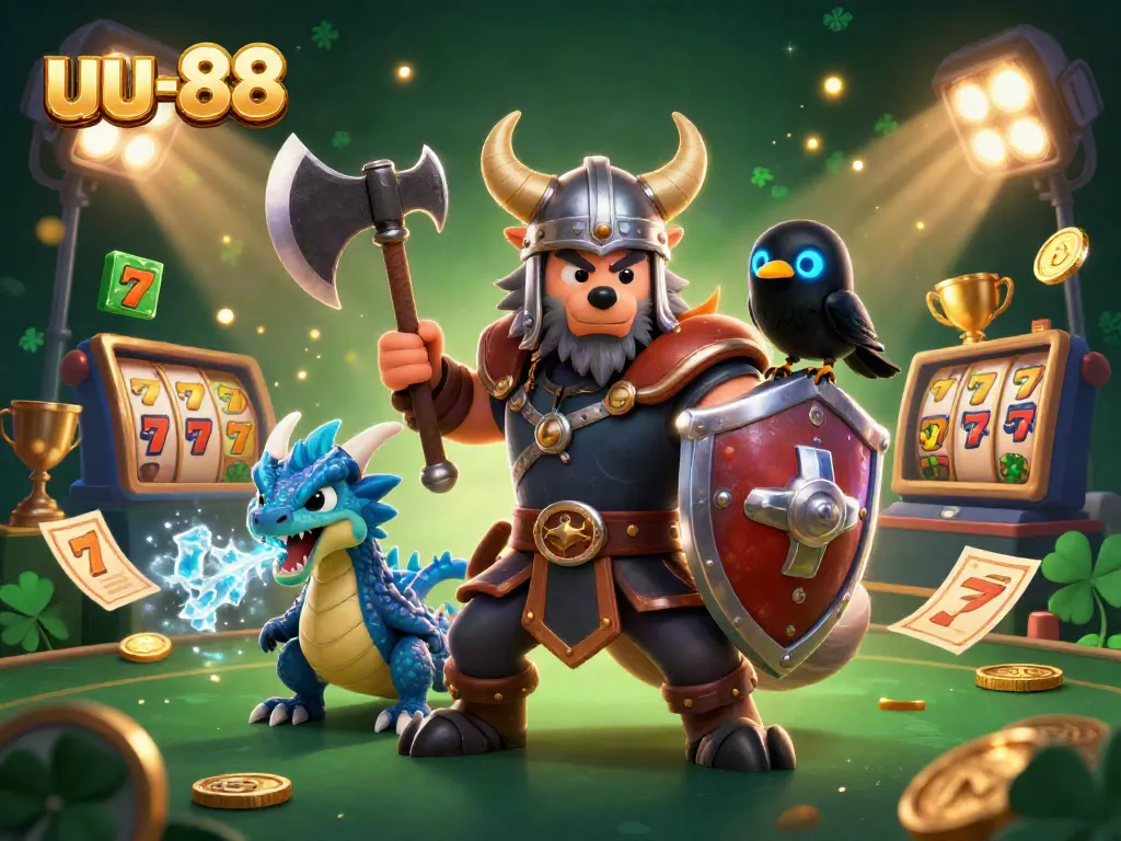Engage in thrilling slots at uu-88 with vibrant Viking characters amidst jackpot reels and gold.