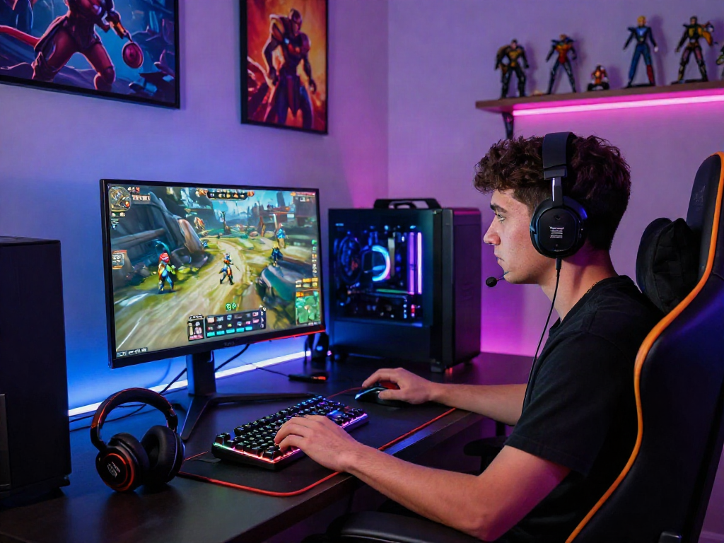 Pemain fokus bermain di setup modern dengan elemen warna-warni, mencerminkan pengalaman bermain luxury111.