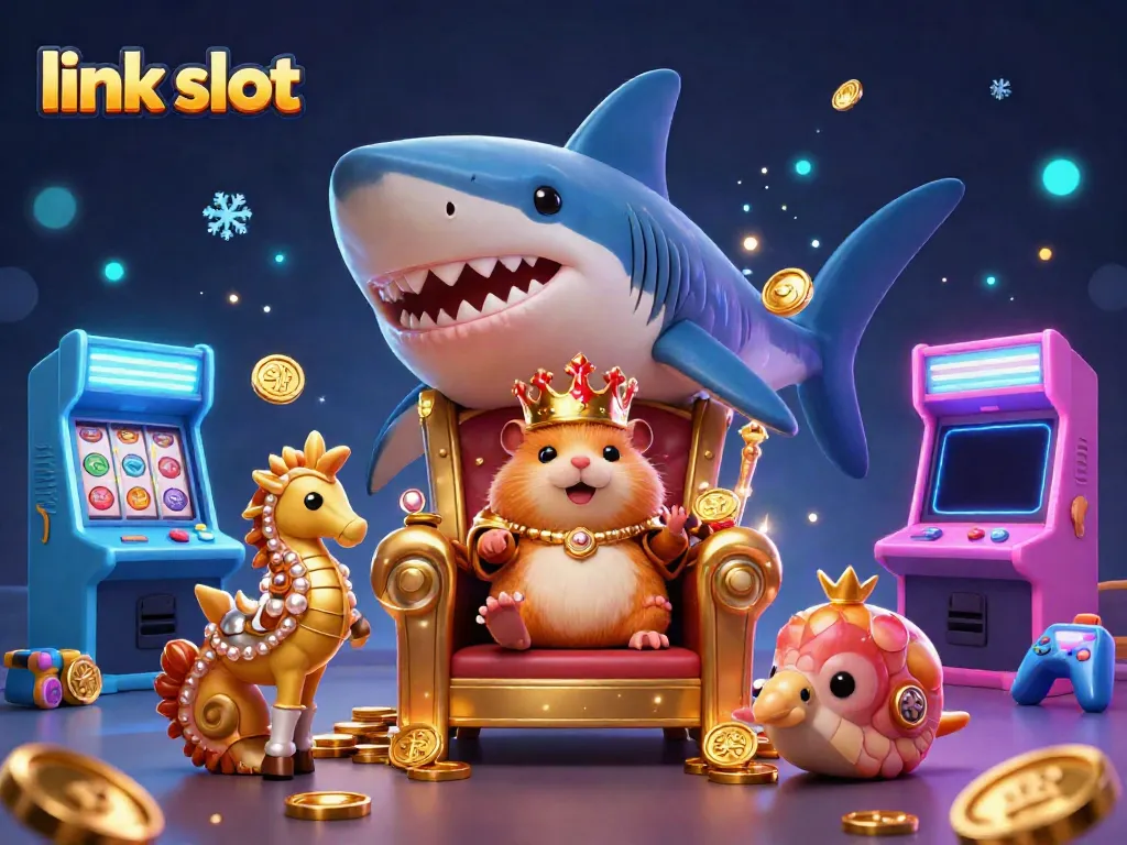 Experience the link slot excitement with a golden hamster king and colorful arcade games in a magical setting.