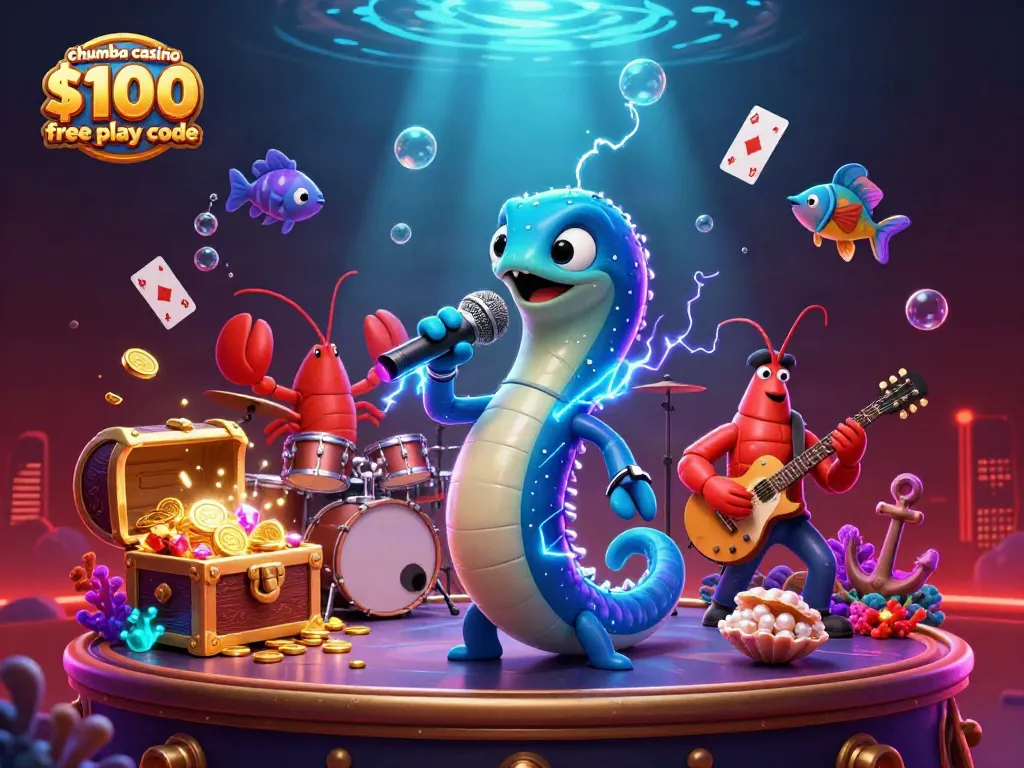Chumba Casino $100 free play code showcased in a vibrant underwater casino scene with animated characters and treasures.