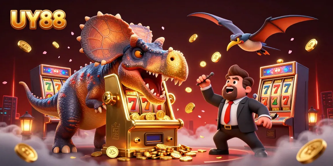 Experience thrilling jackpots at UY88 as a cartoon dinosaur headbutts a slot machine amidst flying coins.