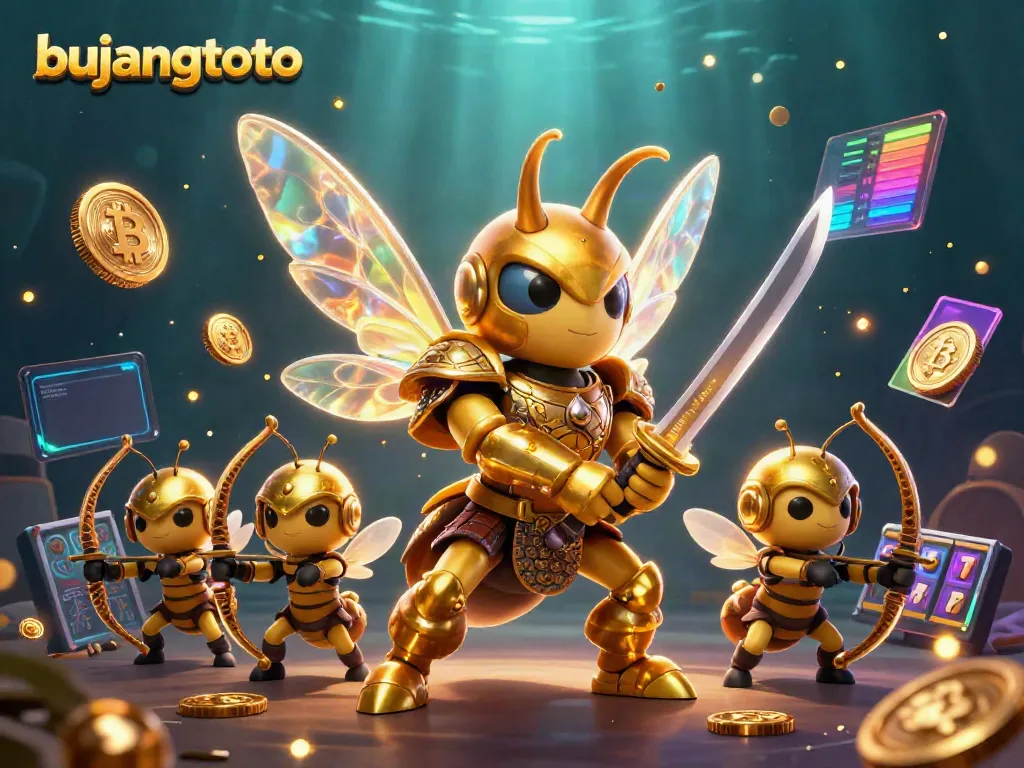 Bujangtoto showcases an epic scene with a golden hornet samurai in action with slot reels and crypto coins.
