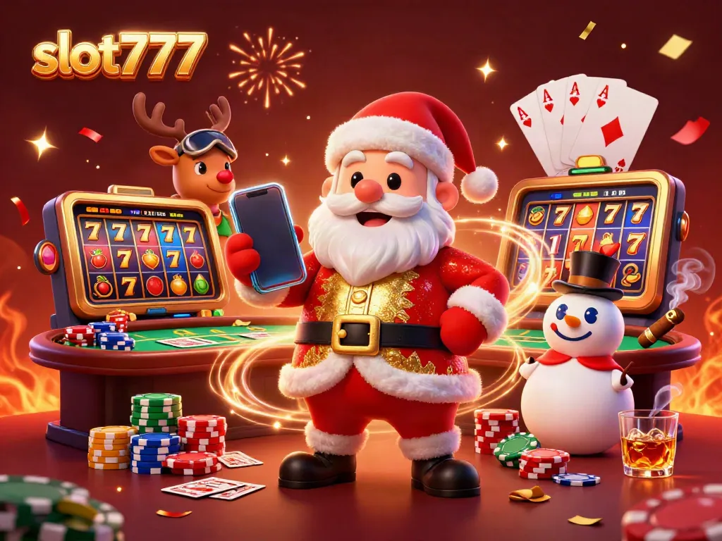 Experience the excitement of slot777 with Santa and friends celebrating jackpots and casino fun!