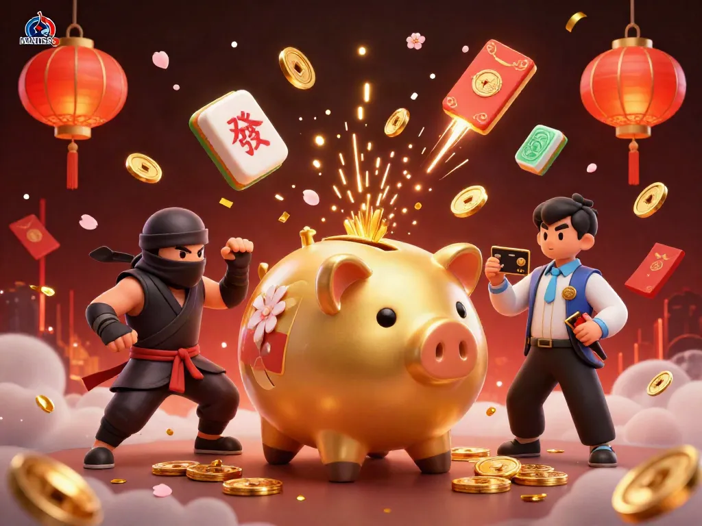 MANTIS88 brings excitement with dynamic casino action featuring a piggy bank sumo wrestler amid a celebration of luck and fortune.